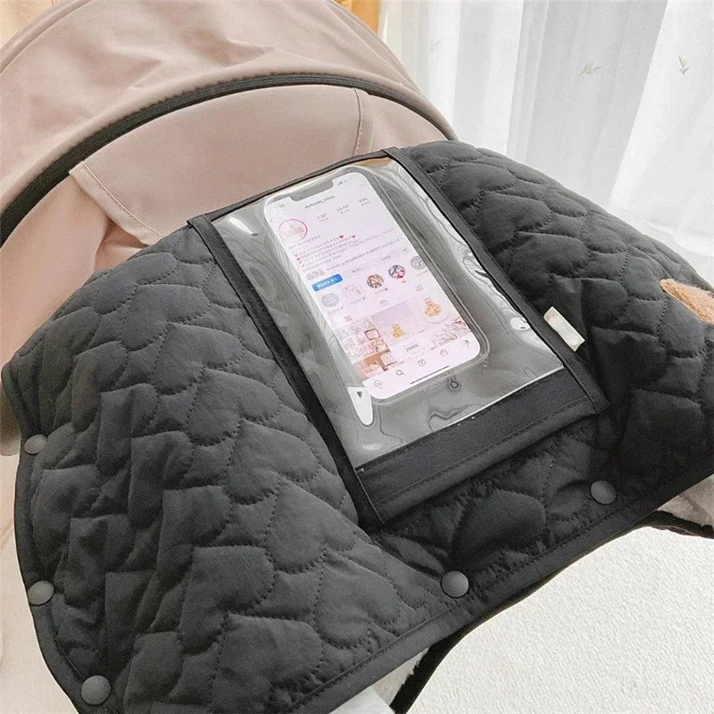 Baby Stroller Gloves Pushchair Hand Muff Waterproof Pram Accessory Stroller Mitten Fur Fleece Hand Muff Mitten with Phone Pocket