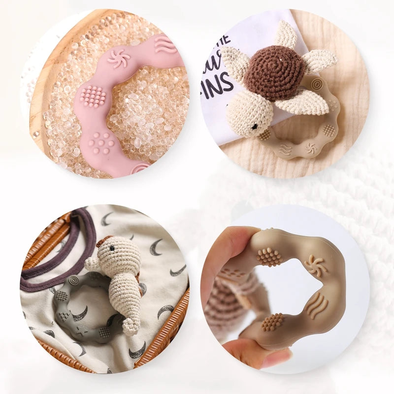 1pc Baby Cute Marine Animal Crochet Rattle Toy Silicone Ring BPA Free Baby Teether Rodent Infant Gym Mobile Rattles Newborn Toys