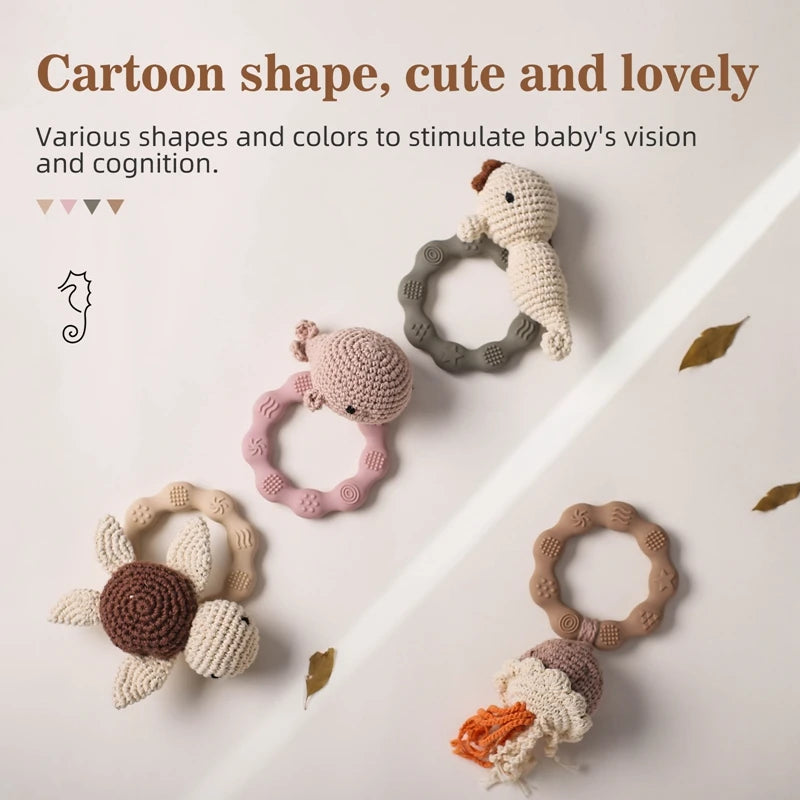 1pc Baby Cute Marine Animal Crochet Rattle Toy Silicone Ring BPA Free Baby Teether Rodent Infant Gym Mobile Rattles Newborn Toys